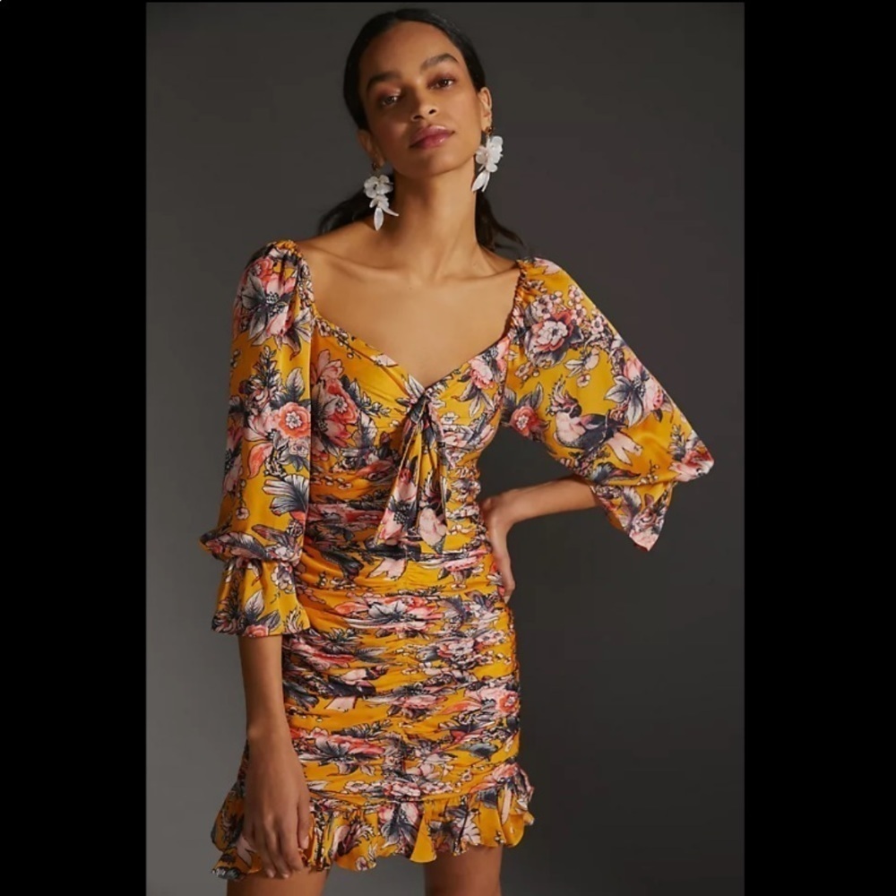 Anthropologie NWT Ranna Gill Ruched Floral Mini Dress Size XXS. - Picture 3 of 10